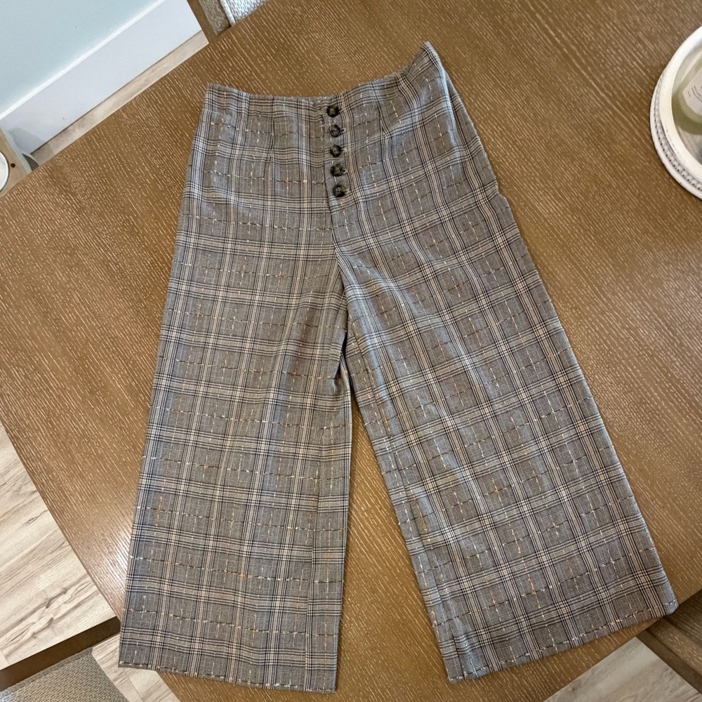 Anthropologie Checkered Trousers with Pink Trim